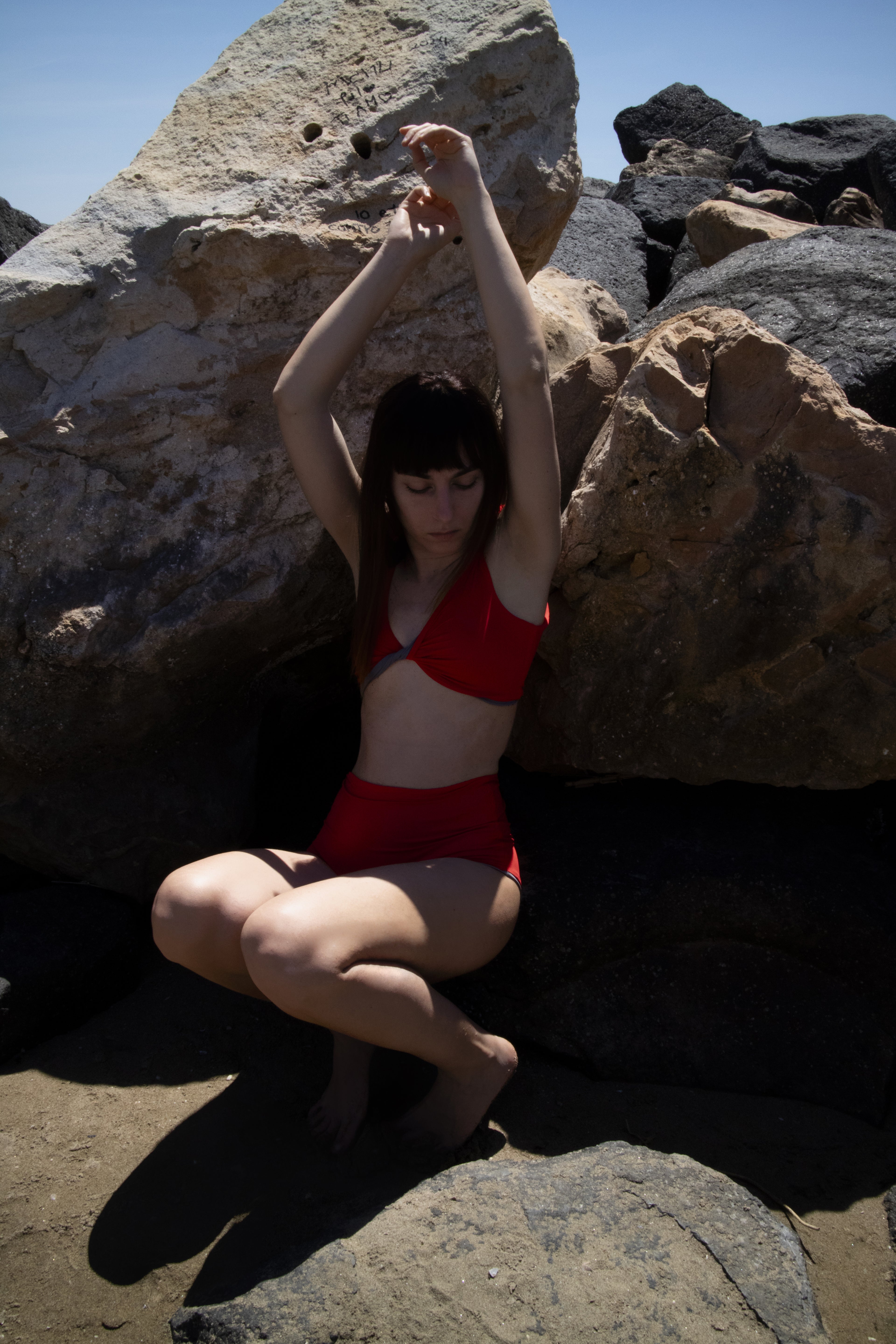 Bikini top double face rosso arancio e fango