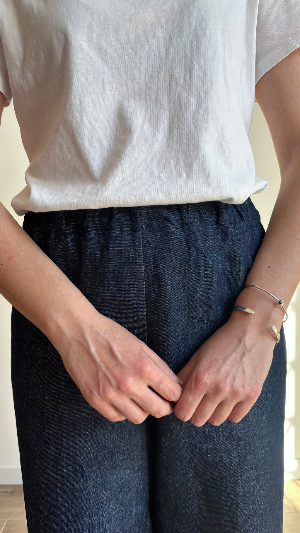 Pantalone Palazzo Jeans Blu Misto Lino