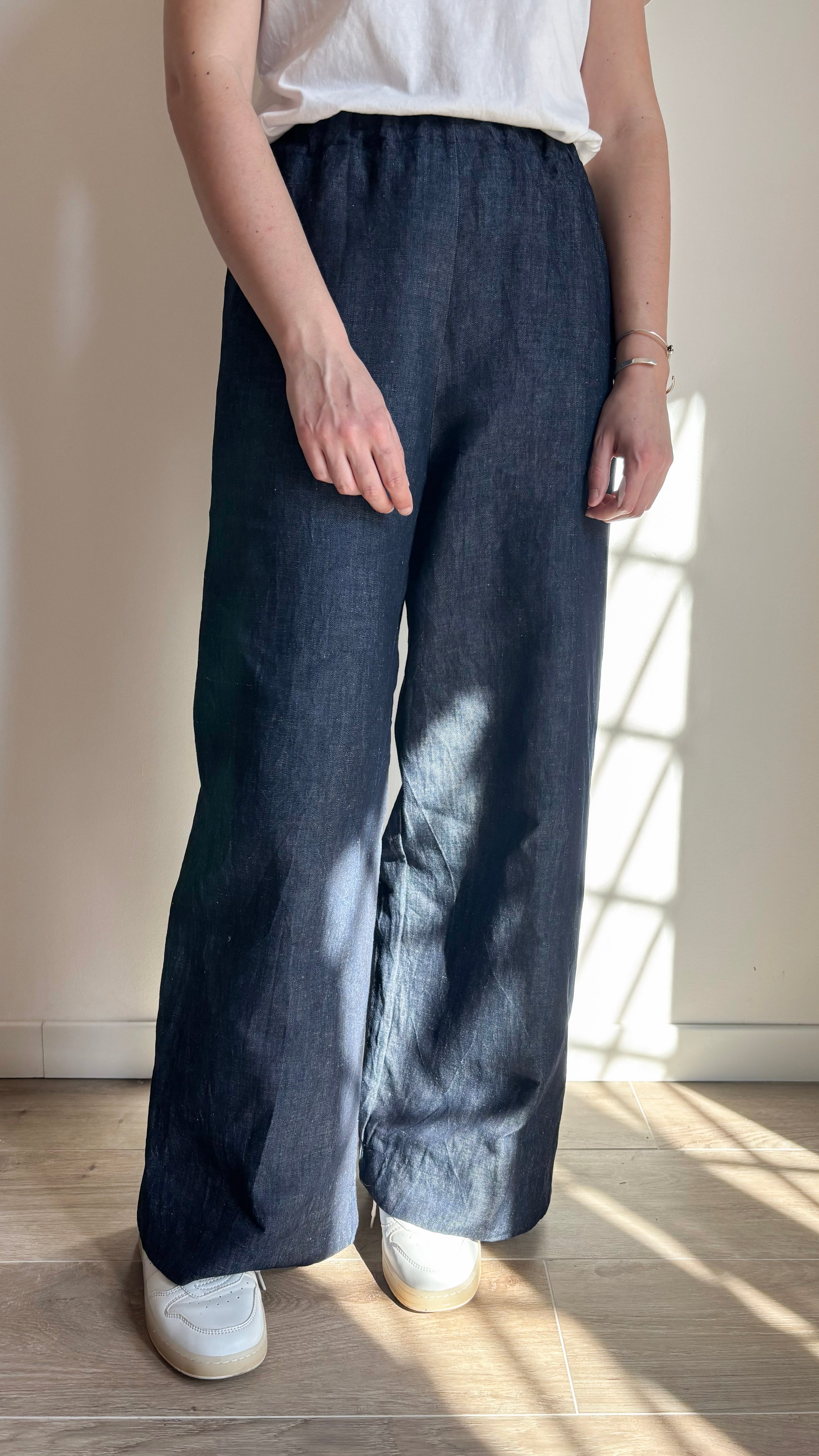 Pantalone Palazzo Jeans Blu Misto Lino