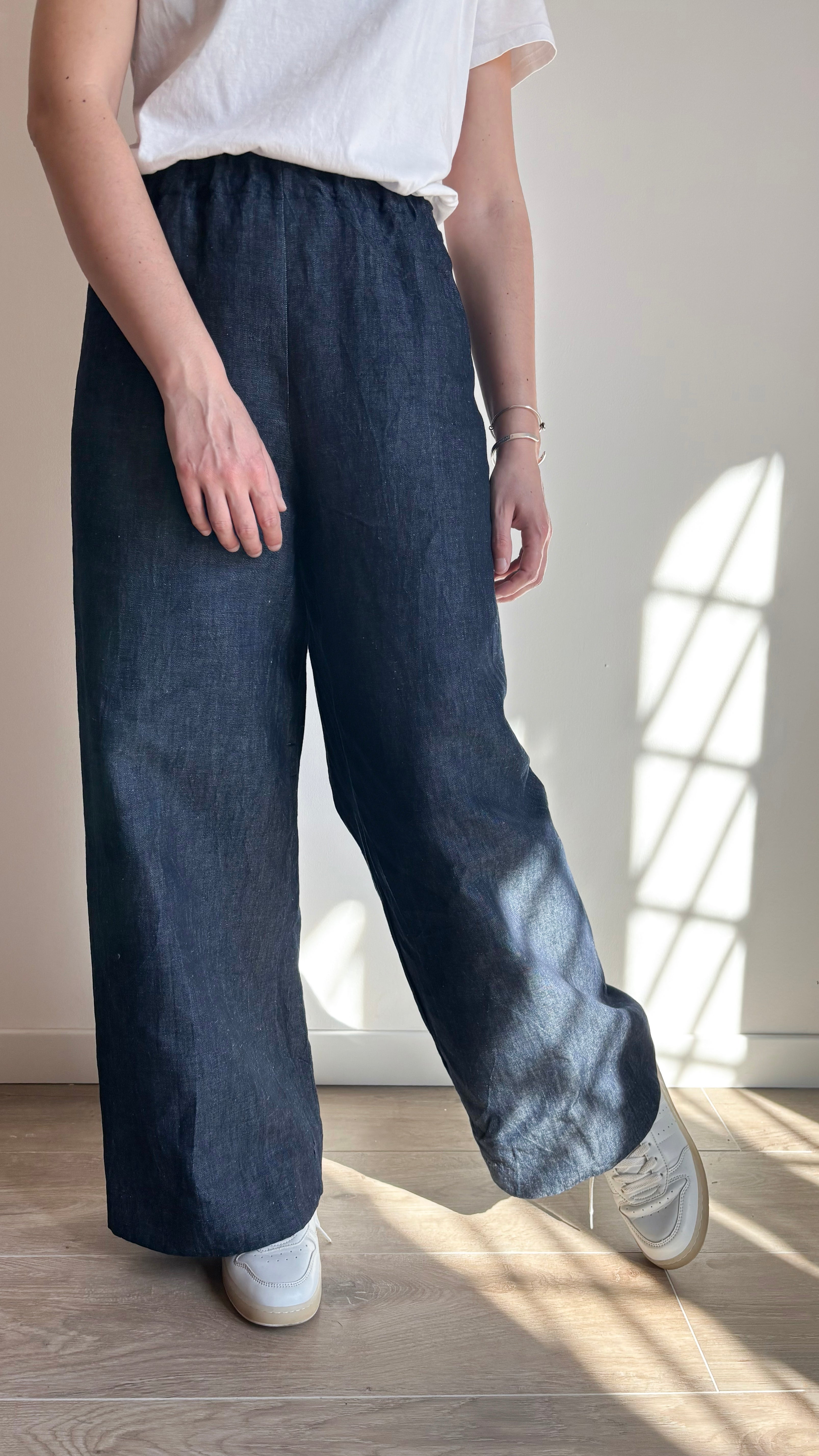 Pantalone Palazzo Jeans Blu Misto Lino