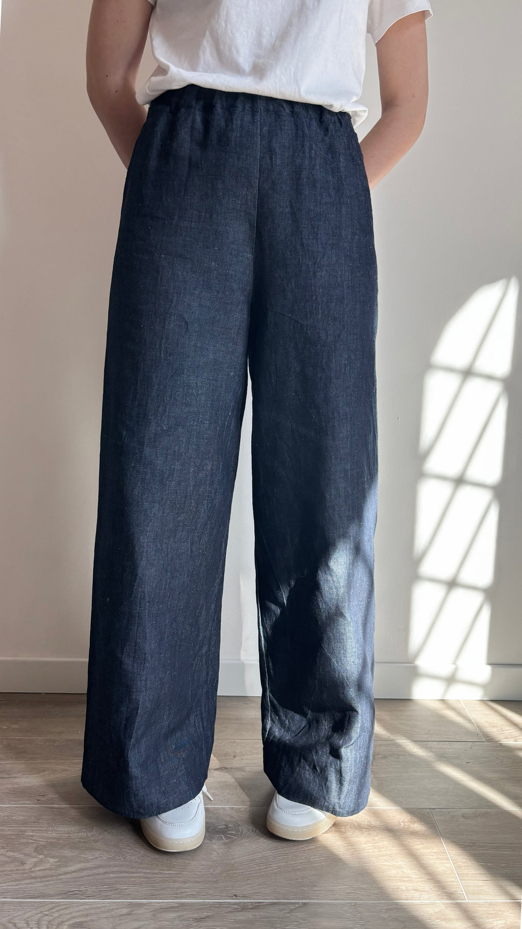 Pantalone Palazzo Jeans Blu Misto Lino
