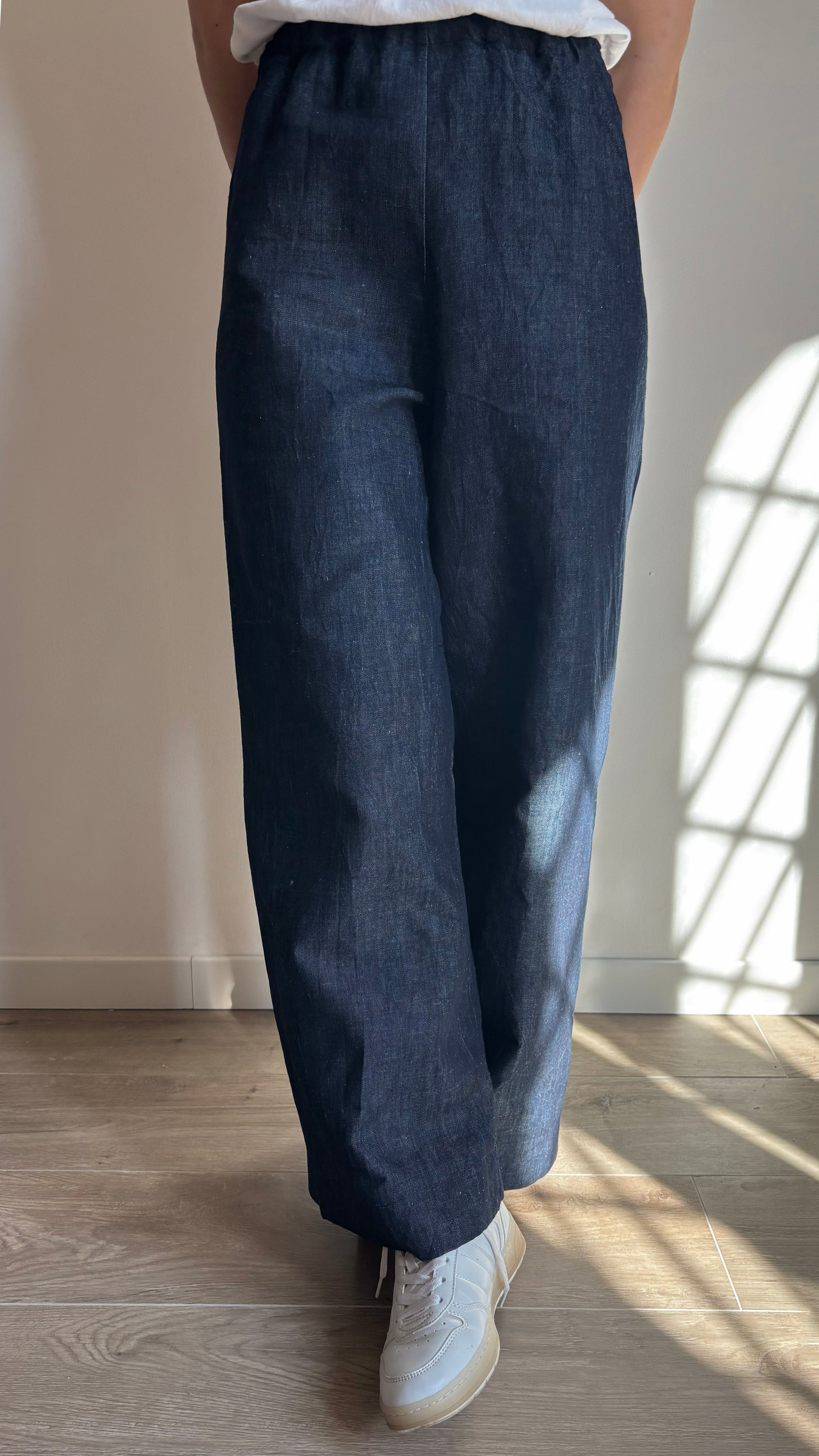 Pantalone Palazzo Jeans Blu Misto Lino