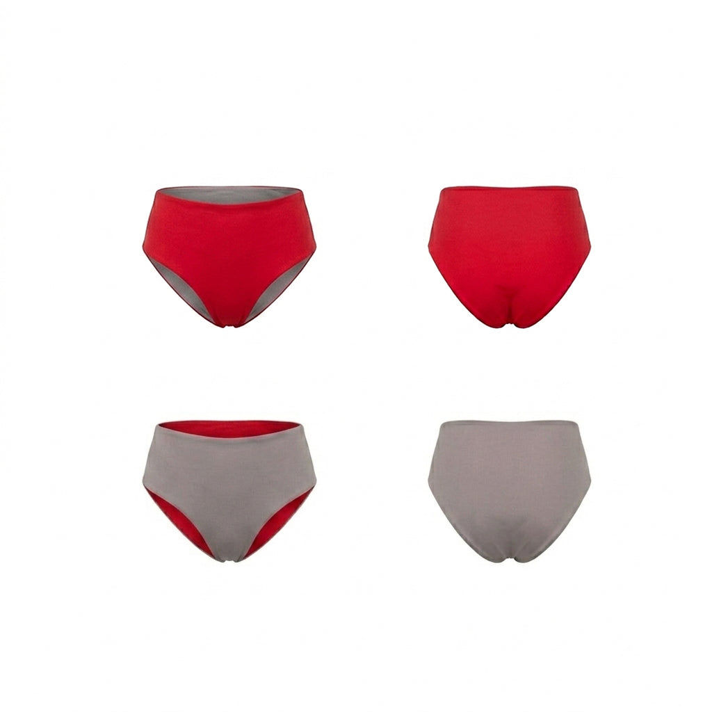 Bikini vita alta double face rosso arancio e fango