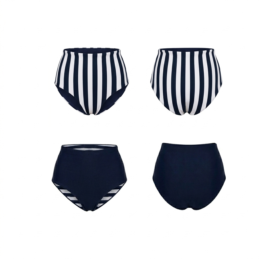 Bikini vita alta double face blu e righe