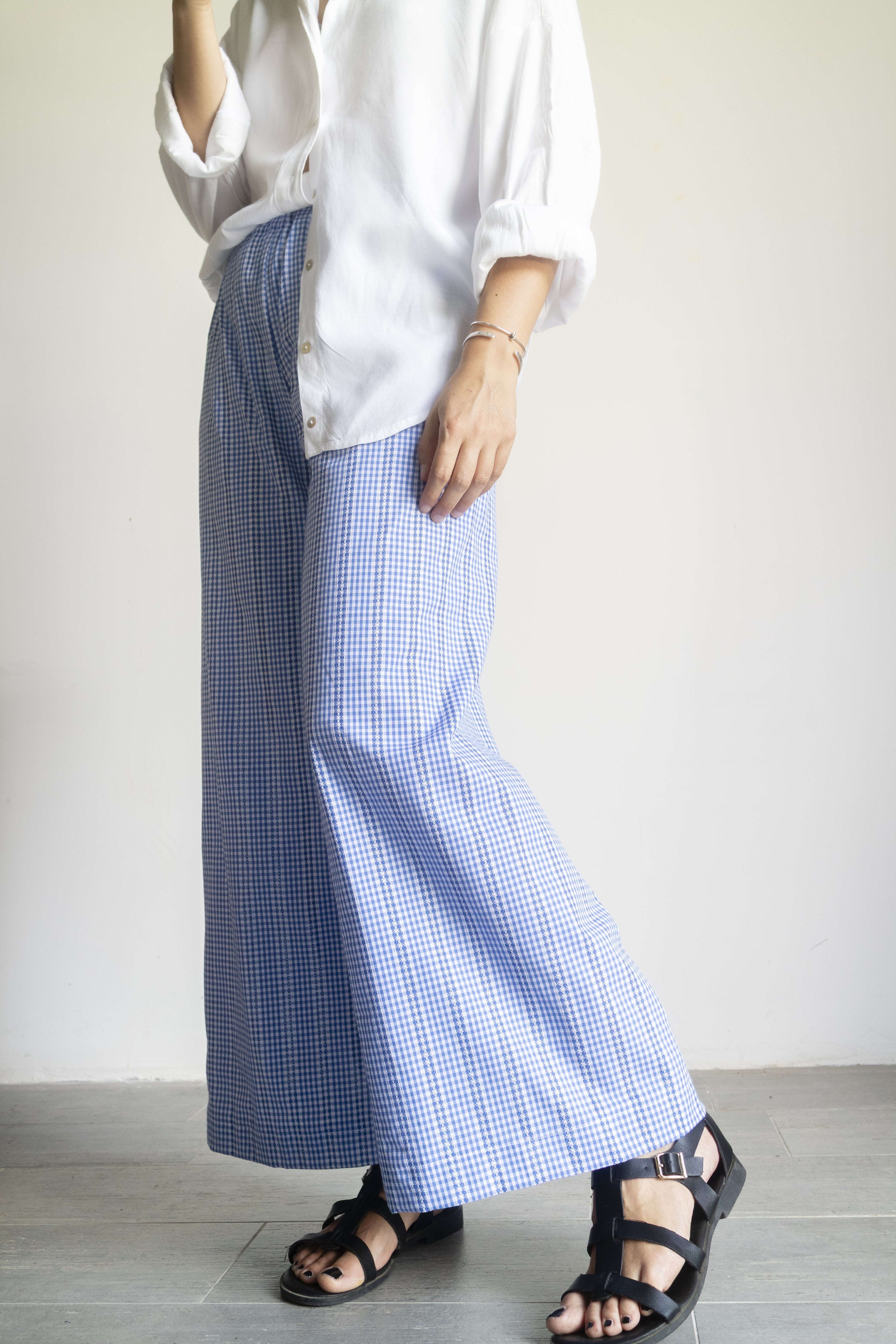 Pantaloni Vichy ricamati azzurri