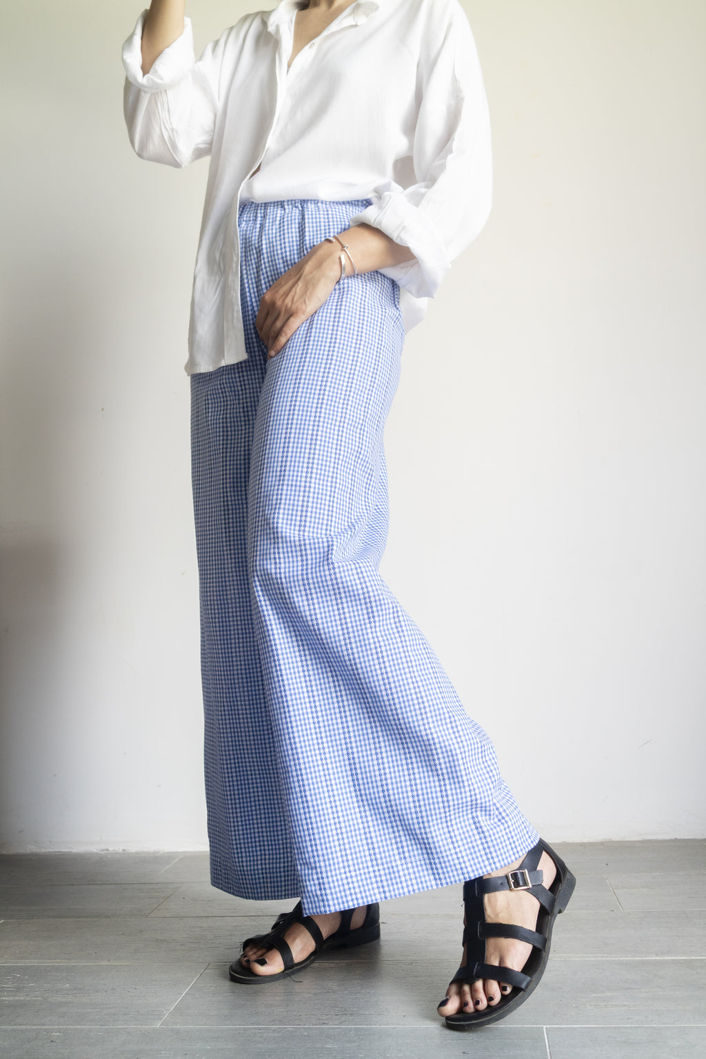 Pantaloni Vichy ricamati azzurri