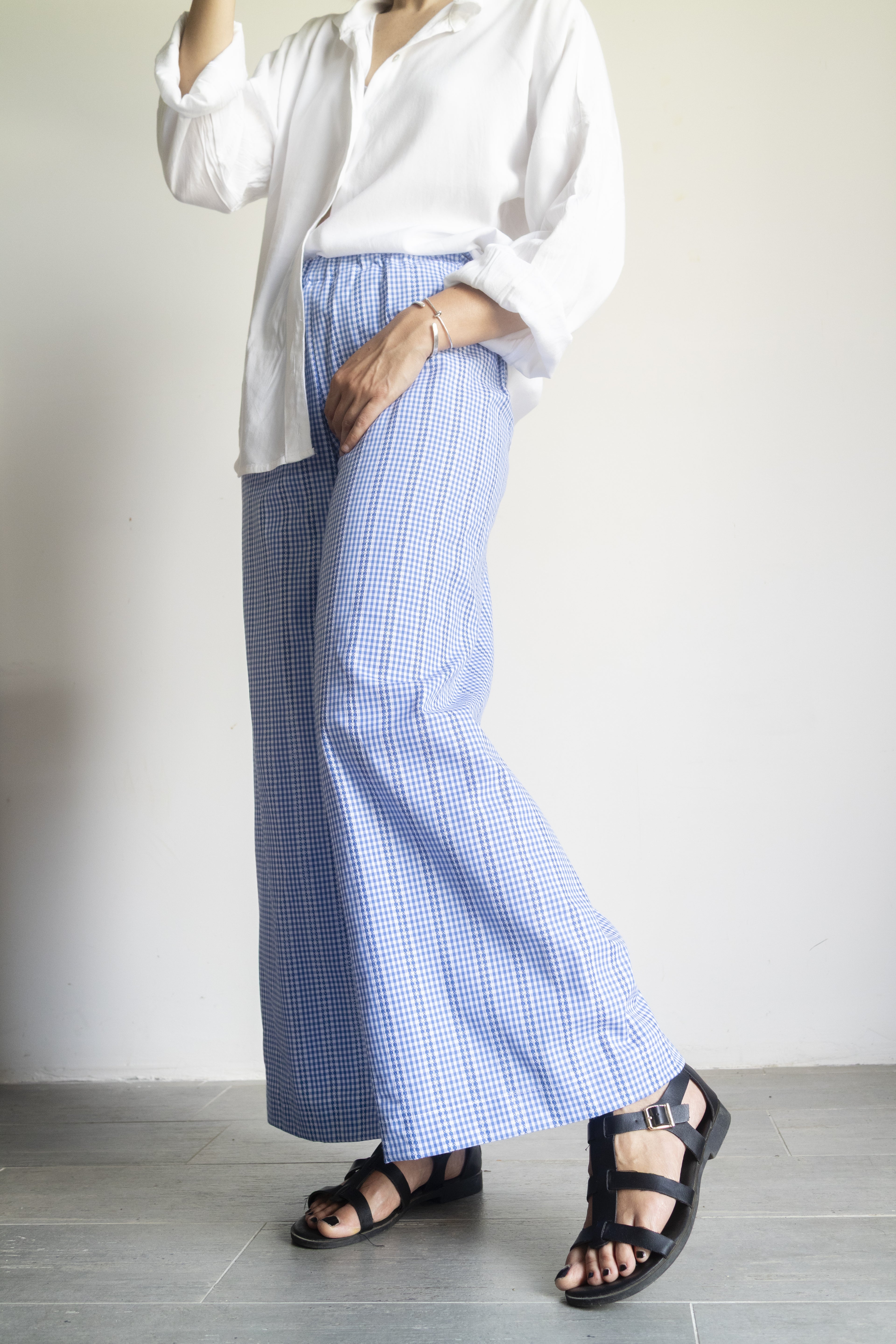 Pantaloni Vichy ricamati azzurri