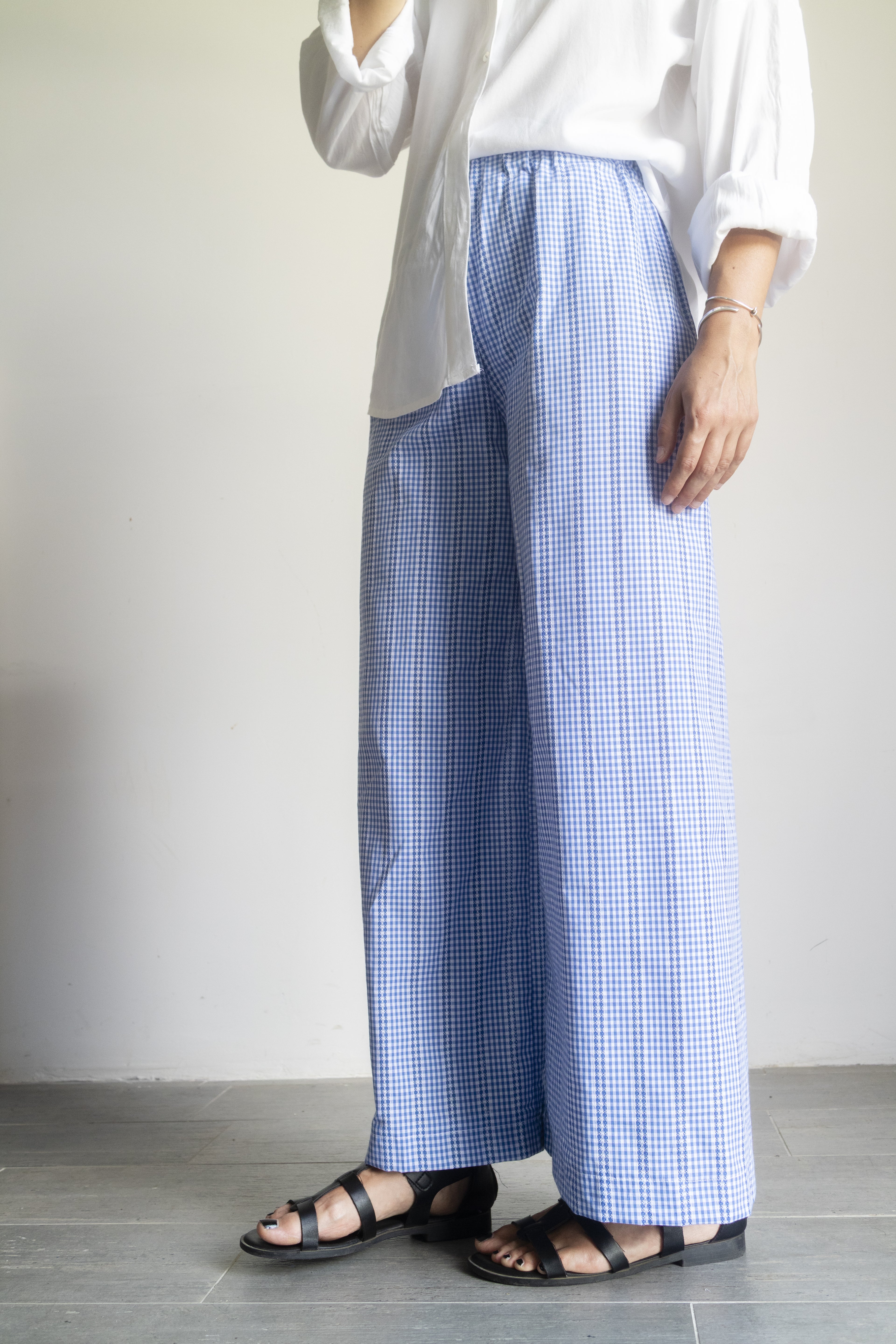 Pantaloni Vichy ricamati azzurri