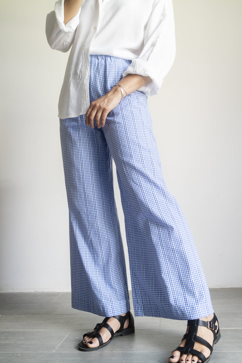 Pantaloni Vichy ricamati azzurri