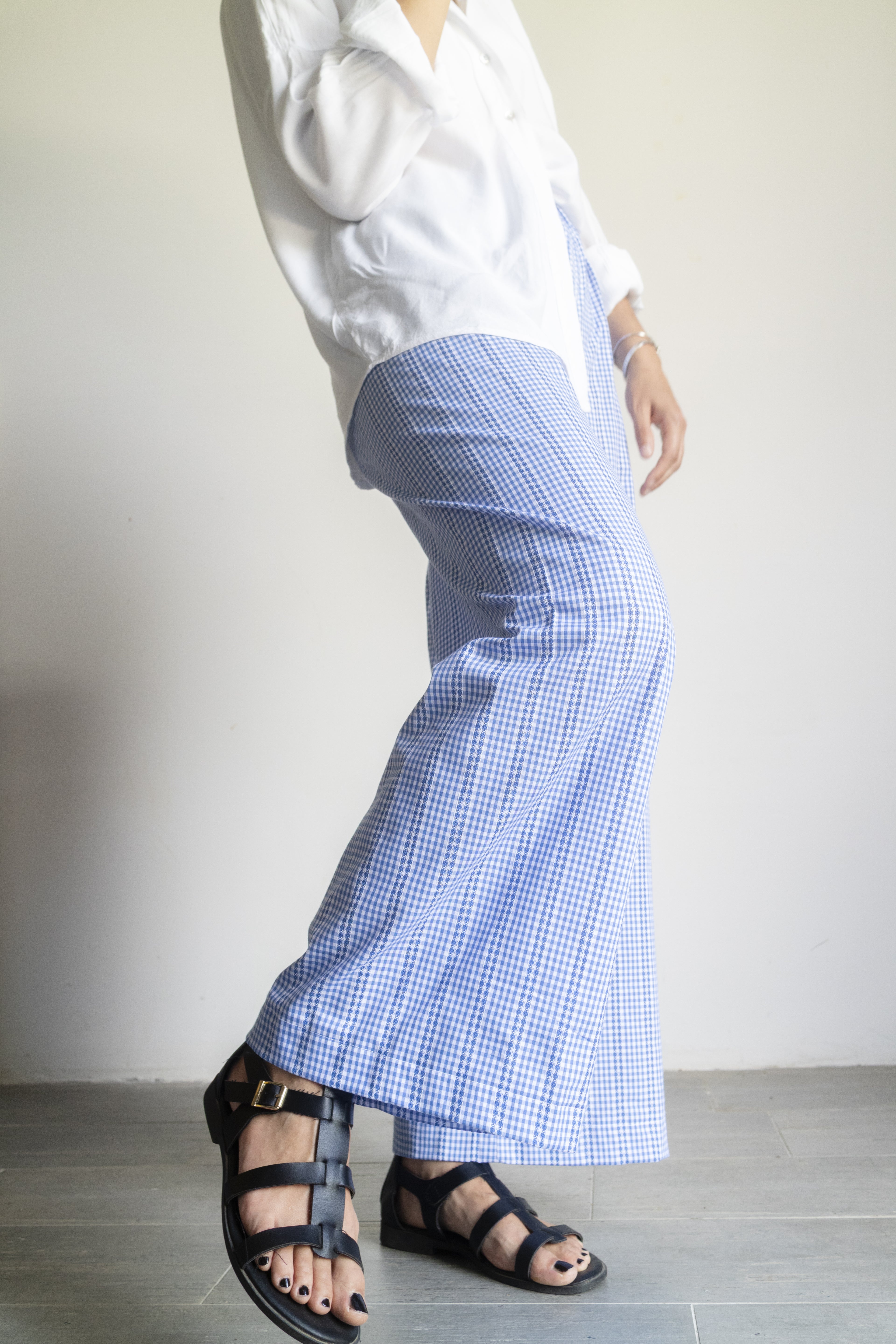 Pantaloni Vichy ricamati azzurri