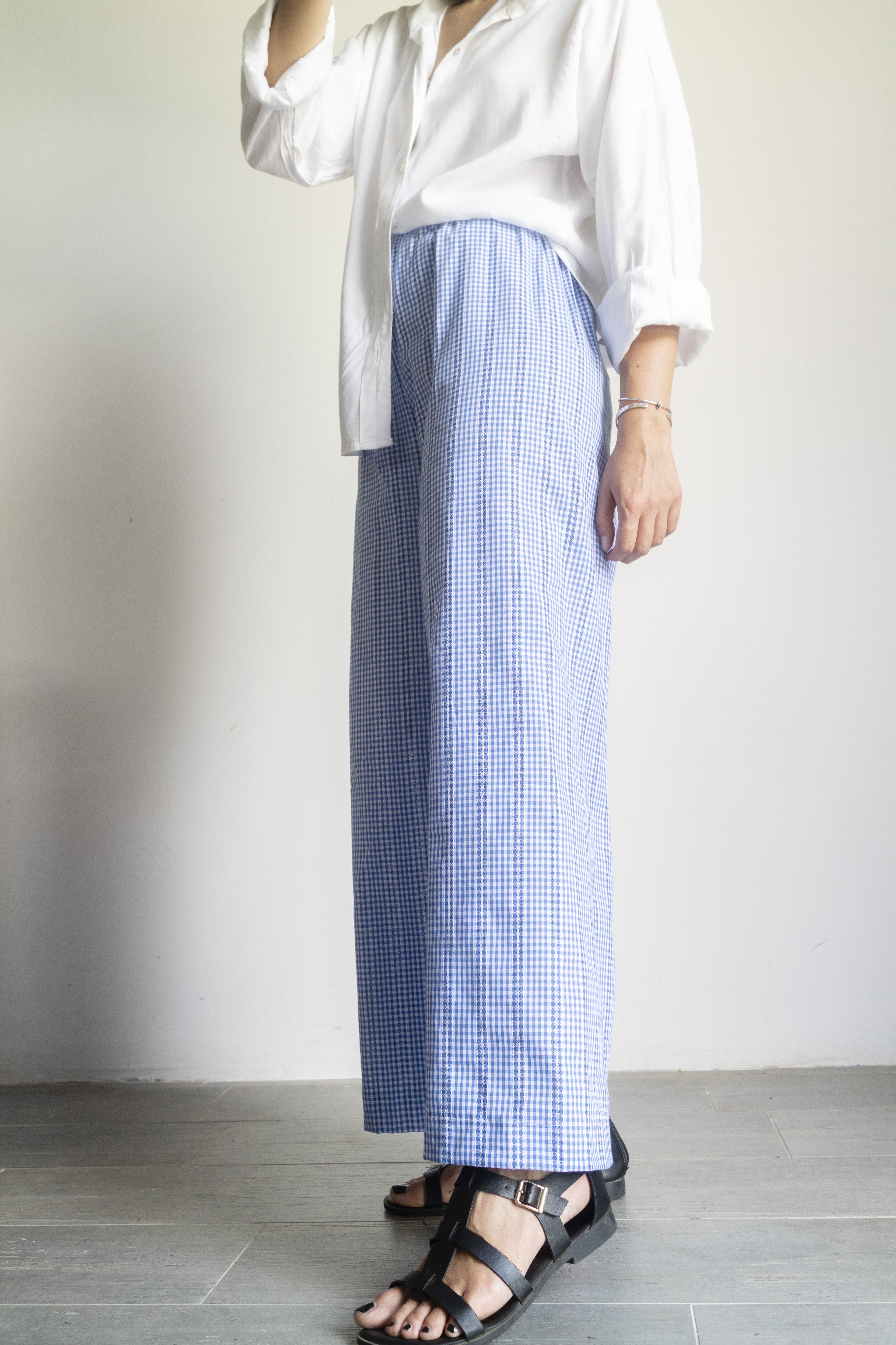 Pantaloni Vichy ricamati azzurri