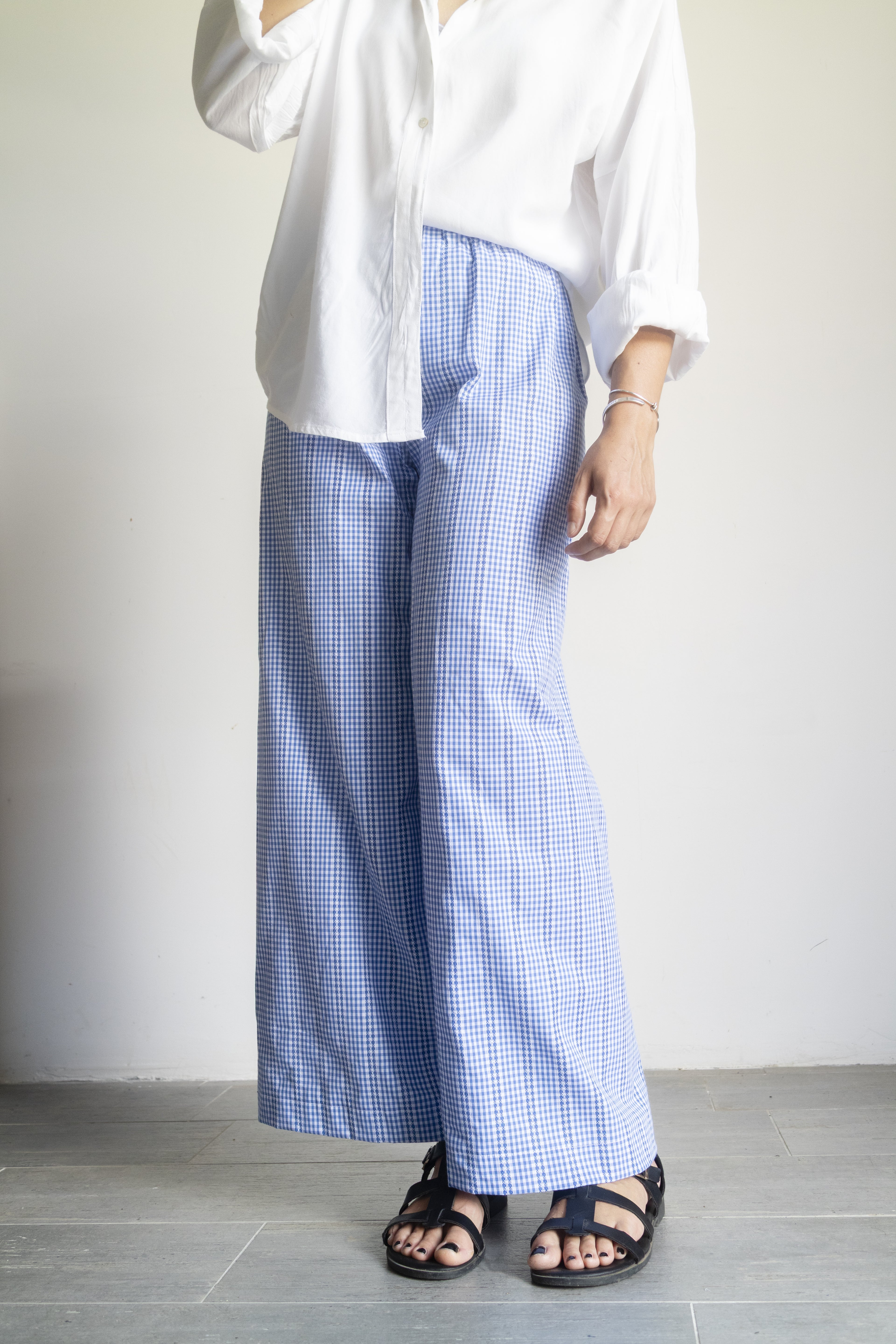 Pantaloni Vichy ricamati azzurri