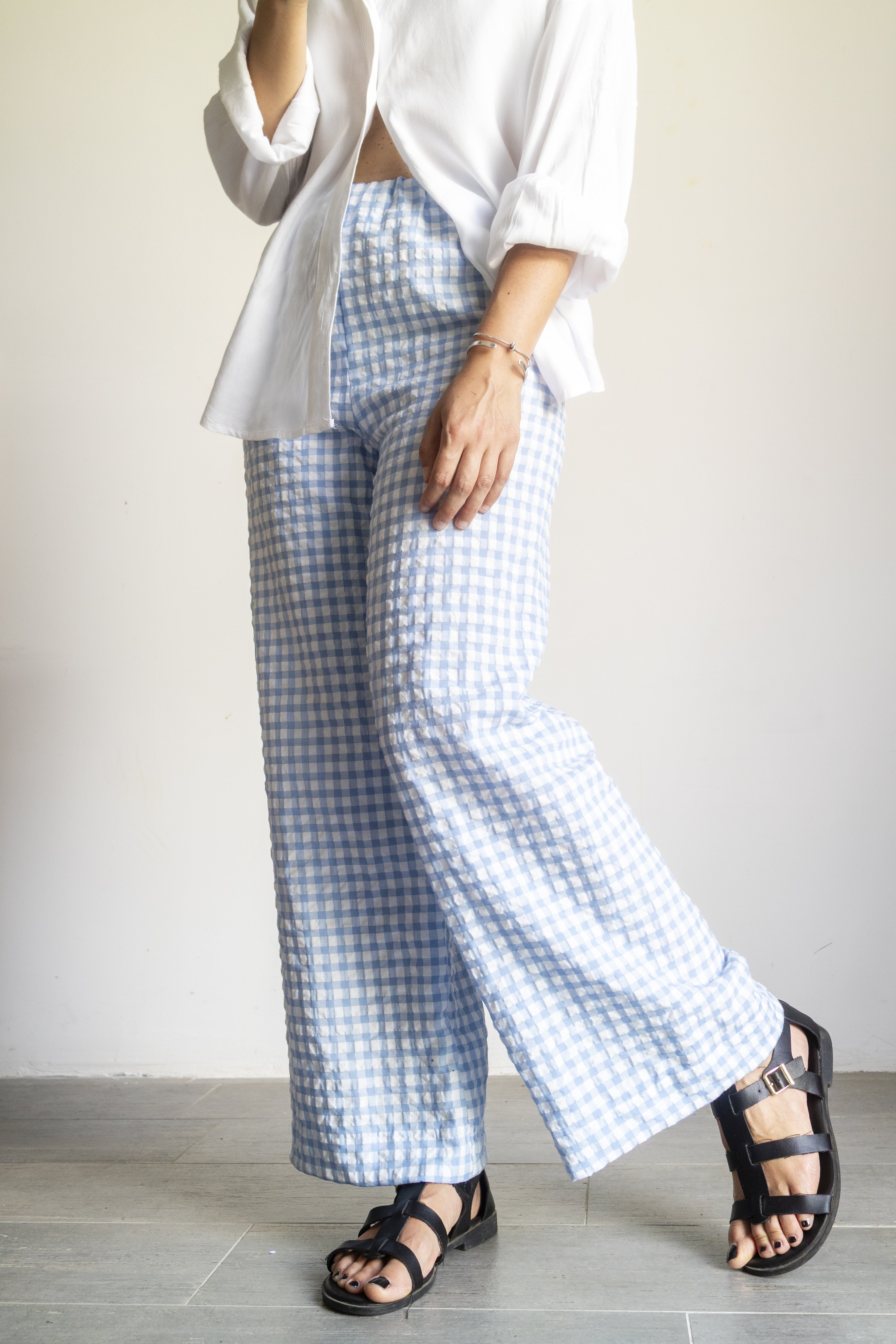 Pantaloni quadretti goffrati Azzuro