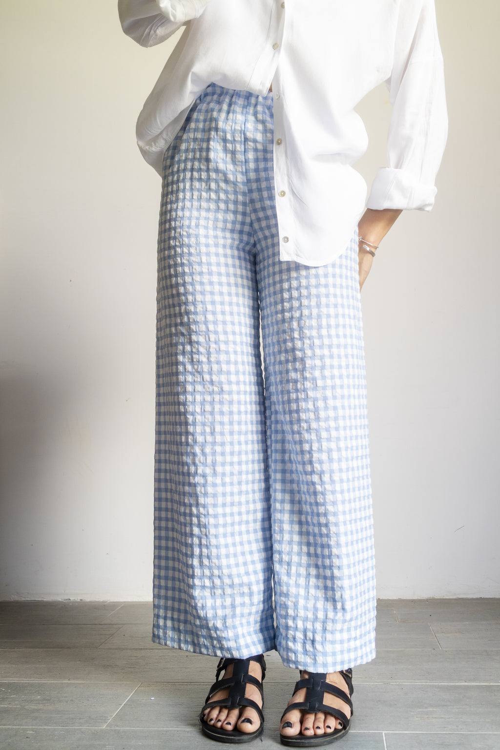 Pantaloni quadretti goffrati Azzuro