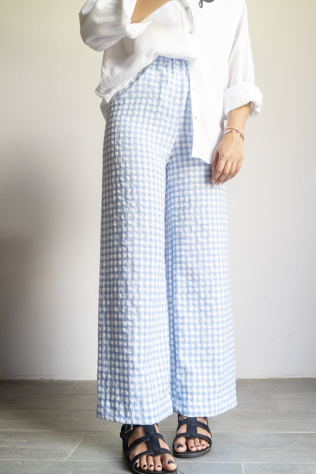 Pantaloni quadretti goffrati Azzuro