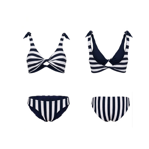 Bikini slip classico double face blu e righe