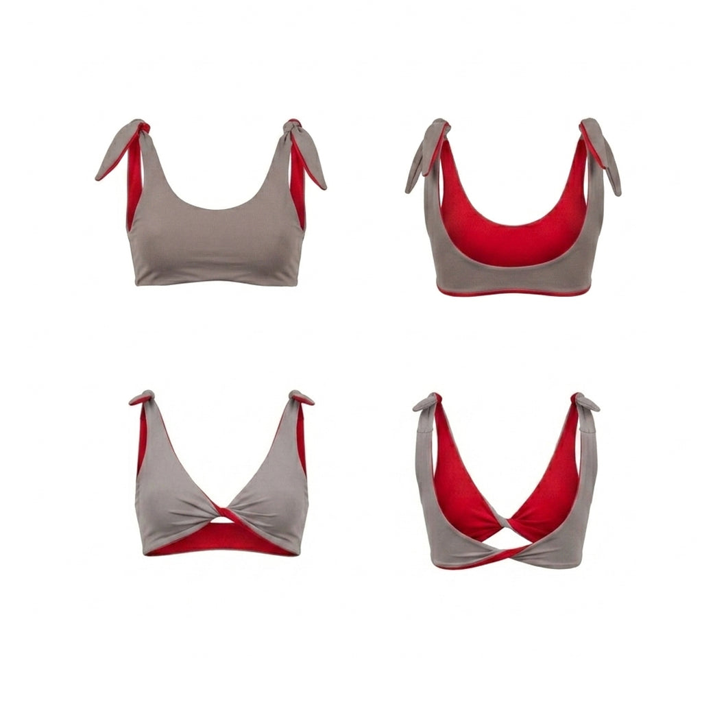 Bikini top double face rosso arancio e fango